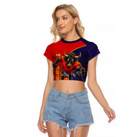 Personalized Spain Football Raglan Cropped T Shirt Fear the Bull Soccer Mascot Marble Art
