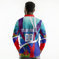 Personalized Haiti Football Long Sleeve Polo Shirt Haitian Flag Trogon Bird Mascot