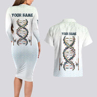 Fishing DNA Couples Matching Long Sleeve Bodycon Dress and Hawaiian Shirt Colorful Fish Illustrations on White Scale For Fisherman - Wonder Print Shop