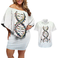 Fishing DNA Couples Matching Off Shoulder Short Dress and Hawaiian Shirt Colorful Fish Illustrations on White Scale For Fisherman - Wonder Print Shop