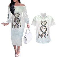 Fishing DNA Couples Matching Off The Shoulder Long Sleeve Dress and Hawaiian Shirt Colorful Fish Illustrations on White Scale For Fisherman - Wonder Print Shop
