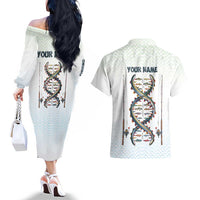 Fishing DNA Couples Matching Off The Shoulder Long Sleeve Dress and Hawaiian Shirt Colorful Fish Illustrations on White Scale For Fisherman - Wonder Print Shop