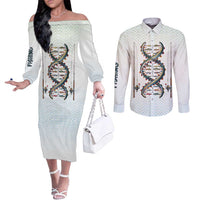 Fishing DNA Couples Matching Off The Shoulder Long Sleeve Dress and Long Sleeve Button Shirt Colorful Fish Illustrations on White Scale For Fisherman - Wonder Print Shop