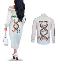 Fishing DNA Couples Matching Off The Shoulder Long Sleeve Dress and Long Sleeve Button Shirt Colorful Fish Illustrations on White Scale For Fisherman - Wonder Print Shop