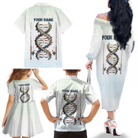 Fishing DNA Family Matching Off The Shoulder Long Sleeve Dress and Hawaiian Shirt Colorful Fish Illustrations on White Scale For Fisherman - Wonder Print Shop