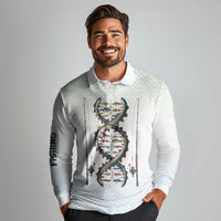 Fishing DNA Long Sleeve Polo Shirt Colorful Fish Illustrations on White Scale For Fisherman - Wonder Print Shop