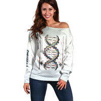 Fishing DNA Off Shoulder Sweater Colorful Fish Illustrations on White Scale For Fisherman - Wonder Print Shop