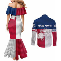 Custom Texas Fishing Couples Matching Mermaid Dress and Long Sleeve Button Shirt Hooked Fish Graphic - Red White and Blue Theme - Wonder Print Shop