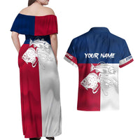 Custom Texas Fishing Couples Matching Off Shoulder Maxi Dress and Hawaiian Shirt Hooked Fish Graphic - Red White and Blue Theme - Wonder Print Shop