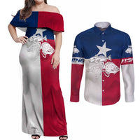 Custom Texas Fishing Couples Matching Off Shoulder Maxi Dress and Long Sleeve Button Shirt Hooked Fish Graphic - Red White and Blue Theme - Wonder Print Shop