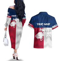 Custom Texas Fishing Couples Matching Off The Shoulder Long Sleeve Dress and Hawaiian Shirt Hooked Fish Graphic - Red White and Blue Theme - Wonder Print Shop