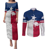 Custom Texas Fishing Couples Matching Puletasi and Long Sleeve Button Shirt Hooked Fish Graphic - Red White and Blue Theme - Wonder Print Shop