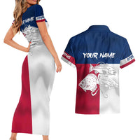 Custom Texas Fishing Couples Matching Short Sleeve Bodycon Dress and Hawaiian Shirt Hooked Fish Graphic - Red White and Blue Theme - Wonder Print Shop