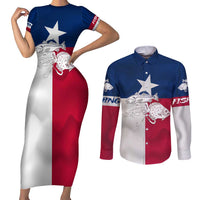 Custom Texas Fishing Couples Matching Short Sleeve Bodycon Dress and Long Sleeve Button Shirt Hooked Fish Graphic - Red White and Blue Theme - Wonder Print Shop