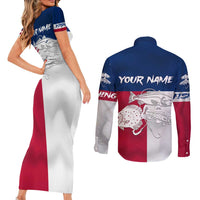 Custom Texas Fishing Couples Matching Short Sleeve Bodycon Dress and Long Sleeve Button Shirt Hooked Fish Graphic - Red White and Blue Theme - Wonder Print Shop
