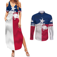Custom Texas Fishing Couples Matching Summer Maxi Dress and Long Sleeve Button Shirt Hooked Fish Graphic - Red White and Blue Theme - Wonder Print Shop