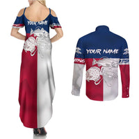 Custom Texas Fishing Couples Matching Summer Maxi Dress and Long Sleeve Button Shirt Hooked Fish Graphic - Red White and Blue Theme - Wonder Print Shop
