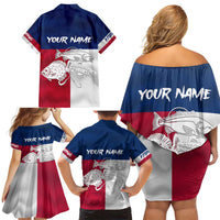 Custom Texas Fishing Family Matching Off Shoulder Short Dress and Hawaiian Shirt Hooked Fish Graphic - Red White and Blue Theme - Wonder Print Shop