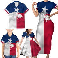Custom Texas Fishing Family Matching Short Sleeve Bodycon Dress and Hawaiian Shirt Hooked Fish Graphic - Red White and Blue Theme - Wonder Print Shop