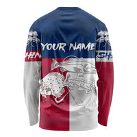 Custom Texas Fishing Long Sleeve Shirt Hooked Fish Graphic - Red White and Blue Theme - Wonder Print Shop