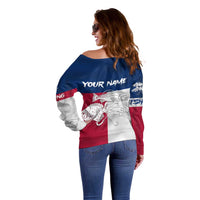 Custom Texas Fishing Off Shoulder Sweater Hooked Fish Graphic - Red White and Blue Theme - Wonder Print Shop
