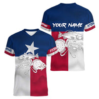 Custom Texas Fishing Women V-Neck T-Shirt Hooked Fish Graphic - Red White and Blue Theme - Wonder Print Shop