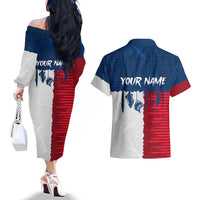 Flag Texas Fishing Couples Matching Off The Shoulder Long Sleeve Dress and Hawaiian Shirt Personalized Hanging Fish and Hooks Graphic - Wonder Print Shop