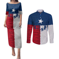 Flag Texas Fishing Couples Matching Puletasi and Long Sleeve Button Shirt Personalized Hanging Fish and Hooks Graphic - Wonder Print Shop