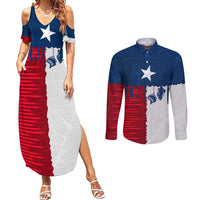 Flag Texas Fishing Couples Matching Summer Maxi Dress and Long Sleeve Button Shirt Personalized Hanging Fish and Hooks Graphic - Wonder Print Shop