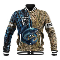 Catfish Fishing Personalized Baseball Jacket Blue Bass and Camo Reeds Background - Wonder Print Shop
