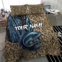 Catfish Fishing Personalized Bedding Set Blue Bass and Camo Reeds Background - Wonder Print Shop