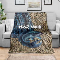 Catfish Fishing Personalized Blanket Blue Bass and Camo Reeds Background - Wonder Print Shop
