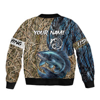 Catfish Fishing Personalized Bomber Jacket Blue Bass and Camo Reeds Background - Wonder Print Shop