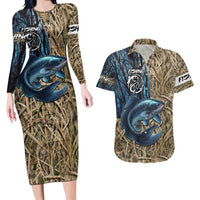 Catfish Fishing Personalized Couples Matching Long Sleeve Bodycon Dress and Hawaiian Shirt Blue Bass and Camo Reeds Background - Wonder Print Shop