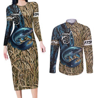 Catfish Fishing Personalized Couples Matching Long Sleeve Bodycon Dress and Long Sleeve Button Shirt Blue Bass and Camo Reeds Background - Wonder Print Shop
