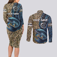 Catfish Fishing Personalized Couples Matching Long Sleeve Bodycon Dress and Long Sleeve Button Shirt Blue Bass and Camo Reeds Background - Wonder Print Shop
