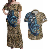 Catfish Fishing Personalized Couples Matching Off Shoulder Maxi Dress and Hawaiian Shirt Blue Bass and Camo Reeds Background - Wonder Print Shop