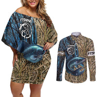Catfish Fishing Personalized Couples Matching Off Shoulder Short Dress and Long Sleeve Button Shirt Blue Bass and Camo Reeds Background - Wonder Print Shop