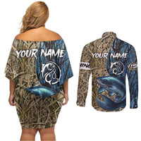 Catfish Fishing Personalized Couples Matching Off Shoulder Short Dress and Long Sleeve Button Shirt Blue Bass and Camo Reeds Background - Wonder Print Shop