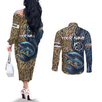 Catfish Fishing Personalized Couples Matching Off The Shoulder Long Sleeve Dress and Long Sleeve Button Shirt Blue Bass and Camo Reeds Background - Wonder Print Shop