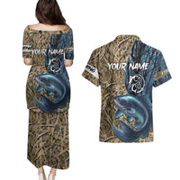 Catfish Fishing Personalized Couples Matching Puletasi and Hawaiian Shirt Blue Bass and Camo Reeds Background - Wonder Print Shop
