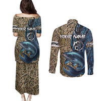 Catfish Fishing Personalized Couples Matching Puletasi and Long Sleeve Button Shirt Blue Bass and Camo Reeds Background - Wonder Print Shop