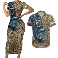 Catfish Fishing Personalized Couples Matching Short Sleeve Bodycon Dress and Hawaiian Shirt Blue Bass and Camo Reeds Background - Wonder Print Shop