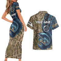 Catfish Fishing Personalized Couples Matching Short Sleeve Bodycon Dress and Hawaiian Shirt Blue Bass and Camo Reeds Background - Wonder Print Shop