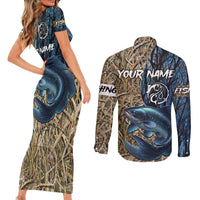 Catfish Fishing Personalized Couples Matching Short Sleeve Bodycon Dress and Long Sleeve Button Shirt Blue Bass and Camo Reeds Background - Wonder Print Shop