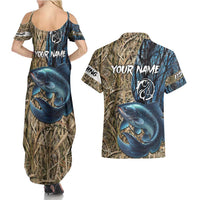 Catfish Fishing Personalized Couples Matching Summer Maxi Dress and Hawaiian Shirt Blue Bass and Camo Reeds Background - Wonder Print Shop