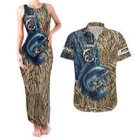 Catfish Fishing Personalized Couples Matching Tank Maxi Dress and Hawaiian Shirt Blue Bass and Camo Reeds Background - Wonder Print Shop