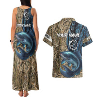 Catfish Fishing Personalized Couples Matching Tank Maxi Dress and Hawaiian Shirt Blue Bass and Camo Reeds Background - Wonder Print Shop