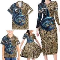 Catfish Fishing Personalized Family Matching Long Sleeve Bodycon Dress and Hawaiian Shirt Blue Bass and Camo Reeds Background - Wonder Print Shop