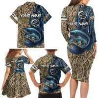 Catfish Fishing Personalized Family Matching Long Sleeve Bodycon Dress and Hawaiian Shirt Blue Bass and Camo Reeds Background - Wonder Print Shop